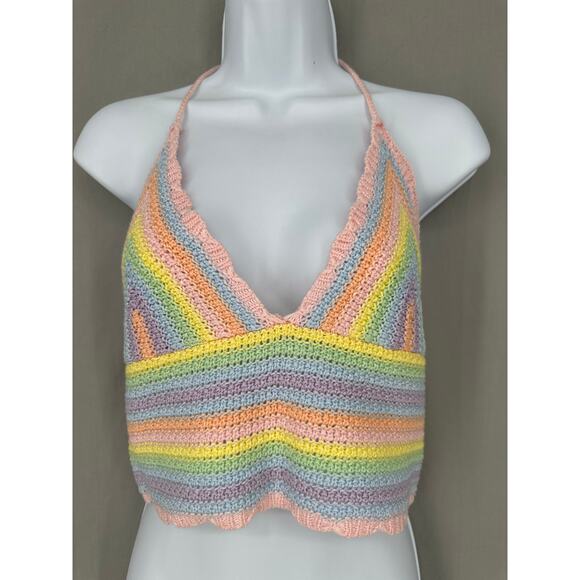 Sincerely Jules Top Medium Colorful Crochet Rainbow Pastel Striped Knit Halter - Picture 1 of 7